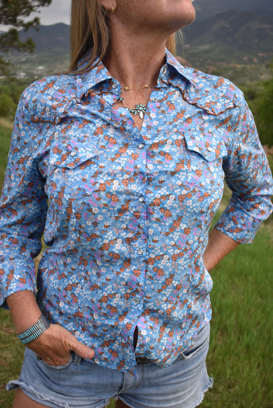 Cowgirl Snap Shirt (3/4 Sleeve)-Iris Ditsy
