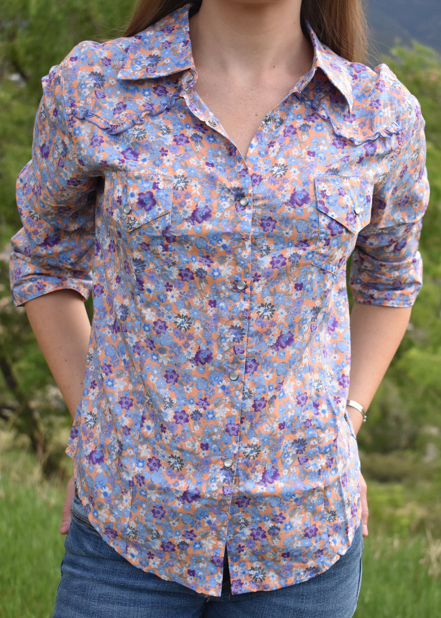Cowgirl Snap Shirt (3/4 Sleeve)-Tangerine Ditsy