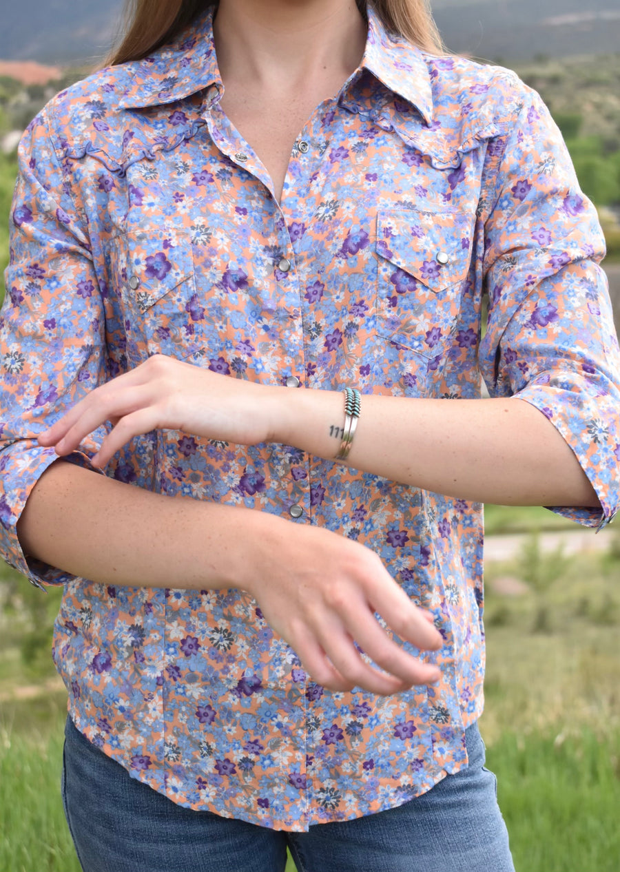 Cowgirl Snap Shirt (3/4 Sleeve)-Tangerine Ditsy