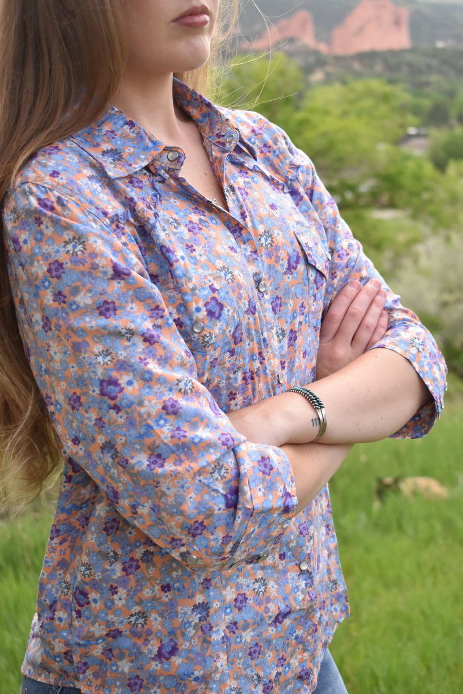 Cowgirl Snap Shirt (3/4 Sleeve)-Tangerine Ditsy