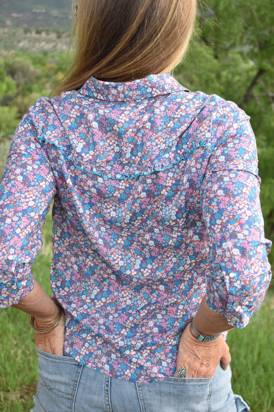 Cowgirl Snap Shirt (3/4 Sleeve)-Violet Ditsy