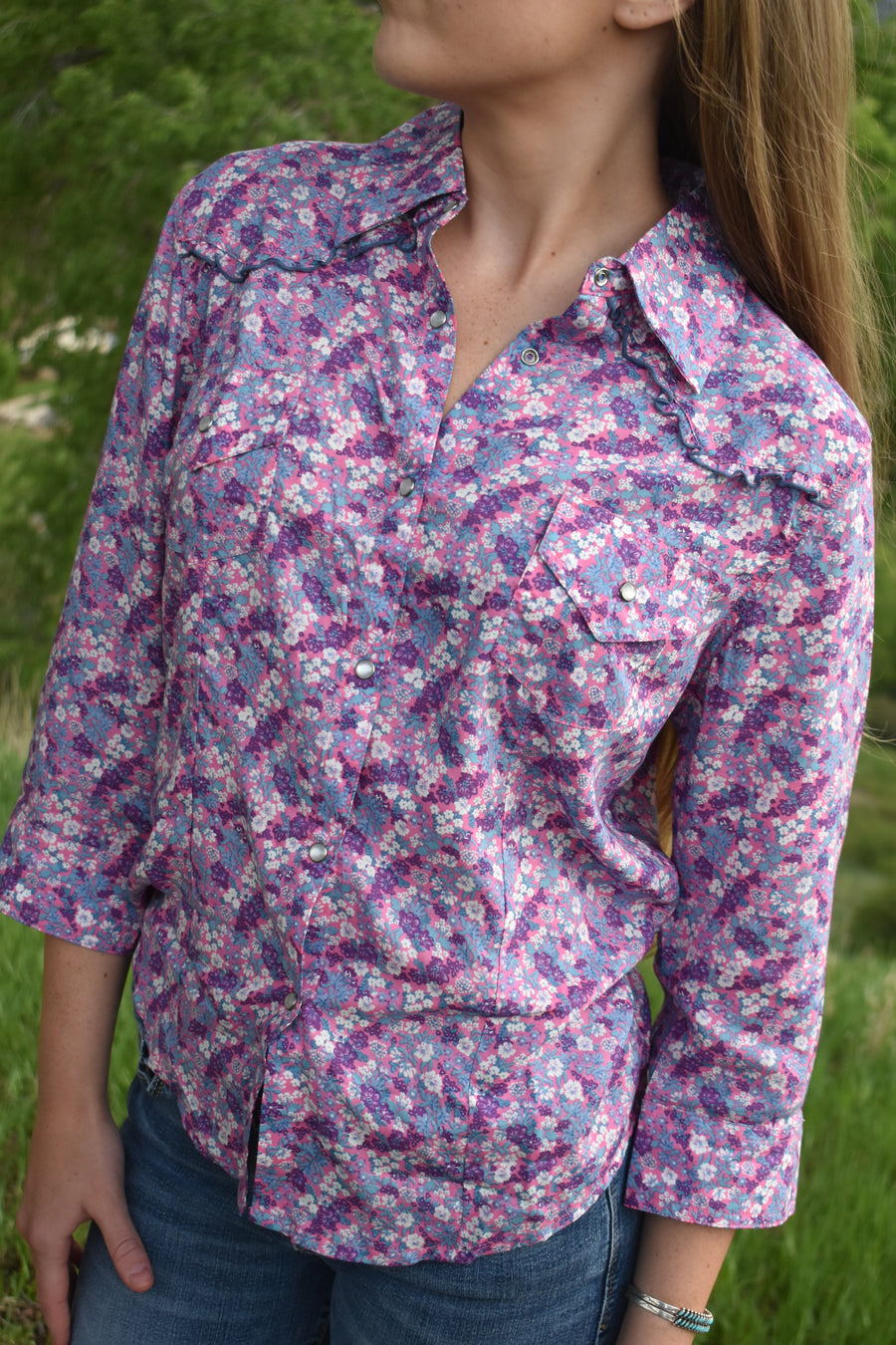 Cowgirl Snap Shirt (3/4 Sleeve)-Lilac Ditsy