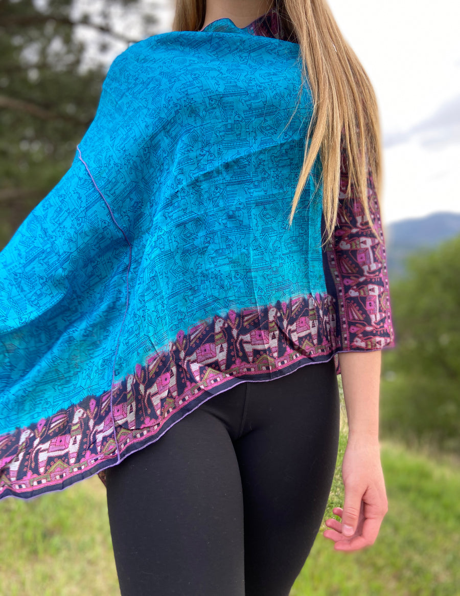 India Silk Sari Ponchos ‘Aqua/Indigo’